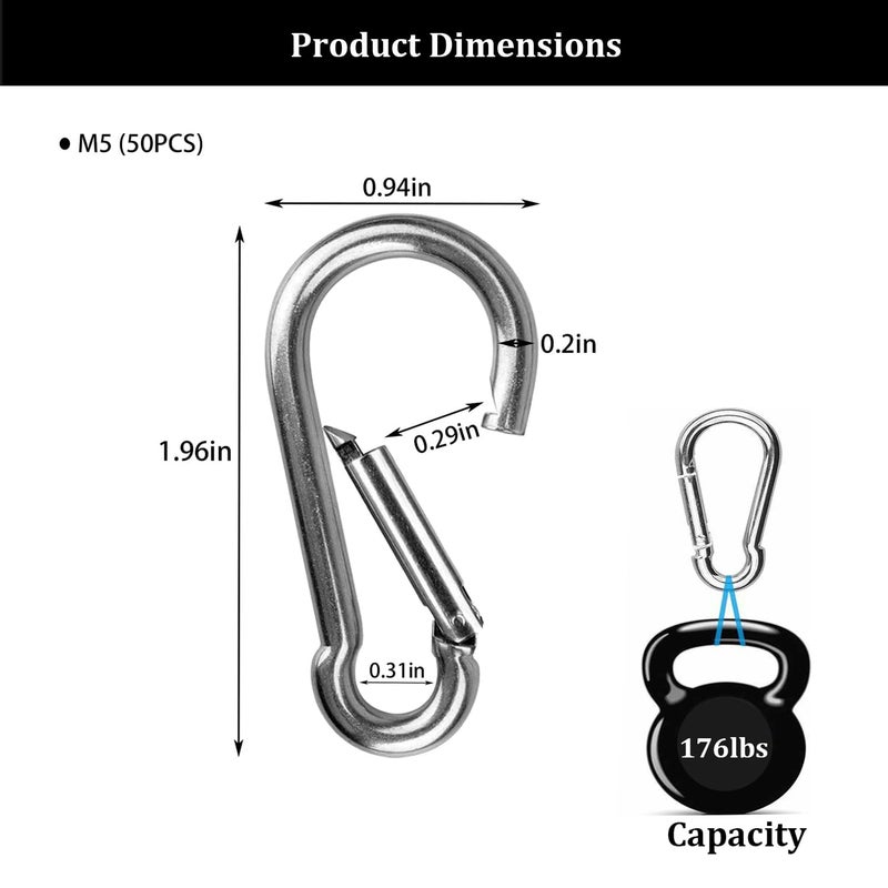 Yision 50Pcs 2” Safety Spring Snap Hook, M5 3/16”Carabiner Quick Link Snap Hooks for Camping Hiking, 176LBS Holding Capacity Heavy Duty Steel Carabiner Clip Buckle for Swing Hammock Gym Outdoor - Image 2